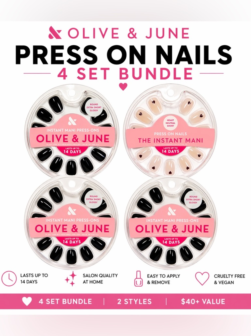 Olive & June Press On Nails Bundle 4 Sets Black Glossy + Pink Heart Neutral